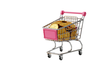 Miniature shopping cart filled with groceries and products isolated on a clean backdrop for e-commerce advertising transparent background