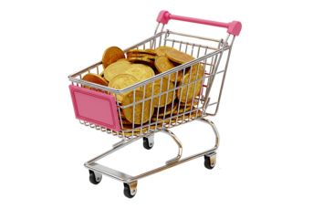 Miniature shopping cart filled with assorted groceries isolated on white studio background for e-commerce concepts transparent background