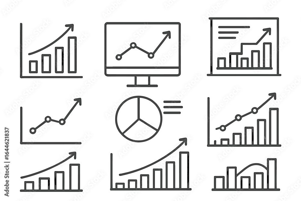 Poster graph chart analytic icon set. business growth trends, statistical data, and performance metrics. fi