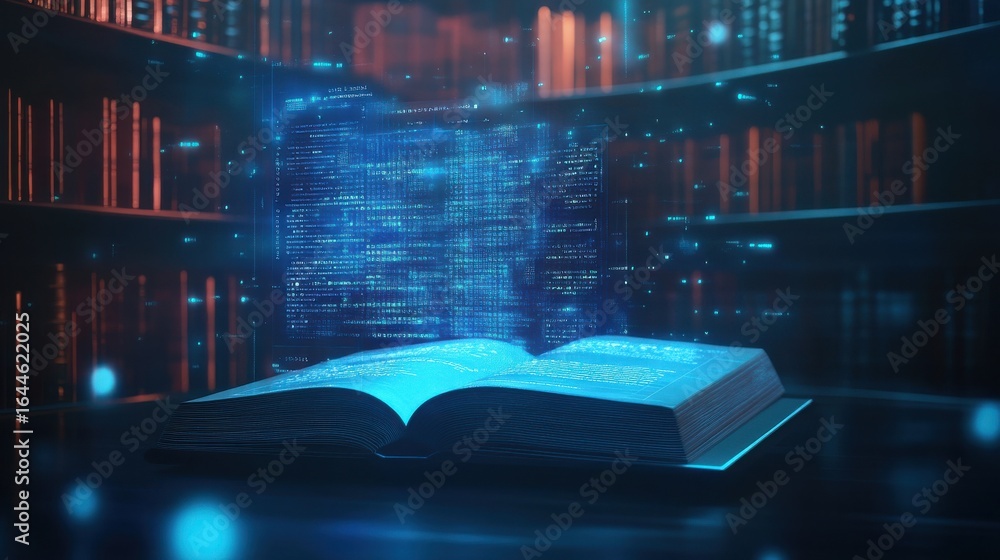 Poster glowing digital data emanating from an open book in library