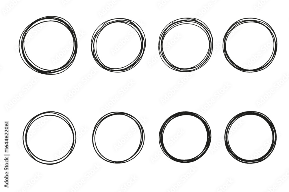 Poster set of hand drawn circle frames. sketchy doodle round borders. abstract black ink design elements. m