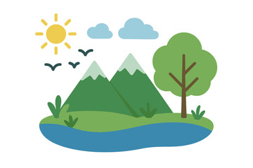 Summer nature landscape with mountains, river, and tree. Sunny day outdoor scenery with sun, clouds, and birds. Eco-friendly environment concept vector illustration. Flat cartoon style.