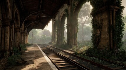Obraz premium A forgotten railway station, overgrown with vegetation.