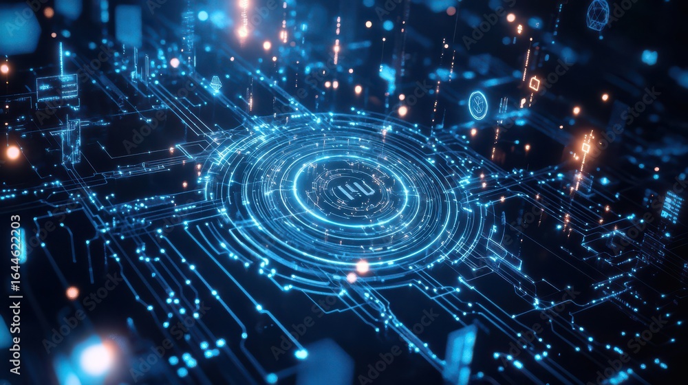 Poster futuristic abstract digital interface with glowing circuit board