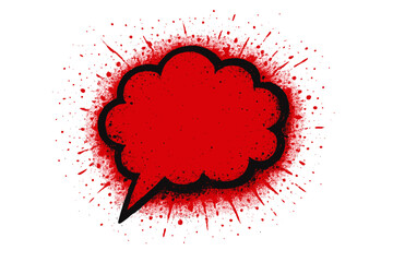 Red speech bubble vector icon with spray paint splatter frame. Grunge explosion comic graffiti style. Abstract graphic element for message or communication, isolated shape.