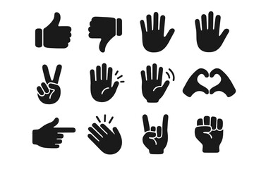 Hand gestures vector icons set. Like, dislike, love, peace, rock and wave signs. Thumbs up, heart, victory, fist and clap hands silhouette. Communication symbols.