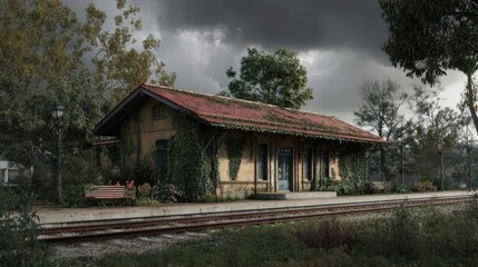 An abandoned train station nestled amidst overgrown foliage under a stormy sky.