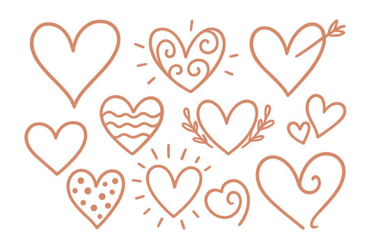 Hand-drawn heart collection. Doodle love symbols for Valentine's Day. Romantic wedding invitation elements. Playful sketch icons. Cute whimsical vector illustration set.