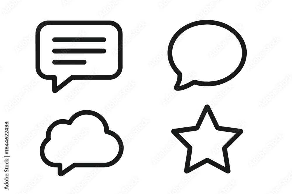 Poster speech bubble icon set for chat messaging. minimalist line design with text box, cloud, star shapes.