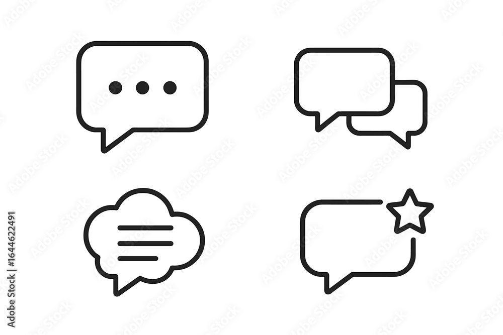 Poster speech bubble icon set for chat messaging. minimalist line design with text box, cloud, star shapes.