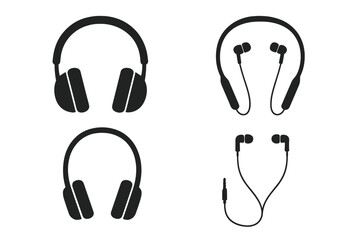 Headphones vector icon set. Audio equipment for music listening. Earphones, earbuds, headset silhouette collection. Sound device and gadget illustration. Isolated flat design.
