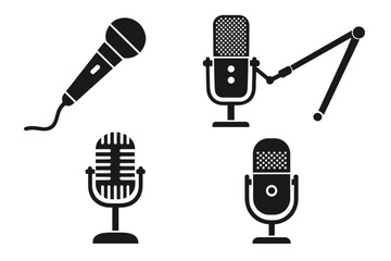 Microphone icon set for podcast, audio recording, and music. Studio mic collection. Vector silhouette for streaming, broadcast, and voice-over. Sound equipment symbols.