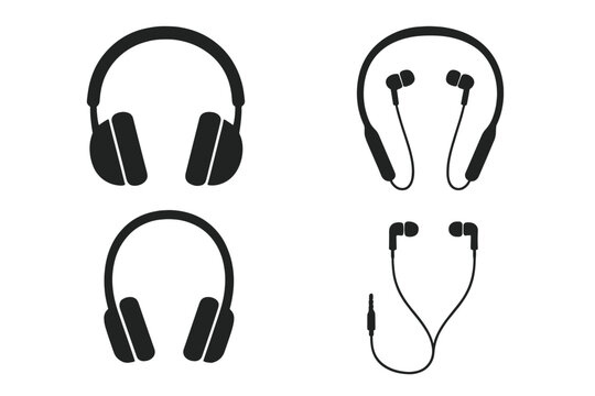 Headphones vector icon set. Audio equipment for music listening. Earphones, earbuds, headset silhouette collection. Sound device and gadget illustration. Isolated flat design.