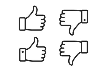 Thumbs up and thumbs down icon set. Like and dislike symbols for feedback and rating. Vector illustration of hand gestures for approval and rejection, positive and negative.