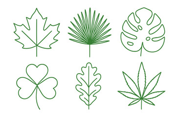 Green leaf vector outlines set. Minimalist leaves line art design with maple, palm, monstera, clover, oak, cannabis shapes. Icons for nature, eco friendly, organic themes.