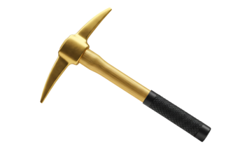 Golden pickaxe tool for mining and construction isolated on transparent background