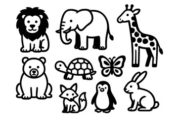 Cute animal icon set. Black and white cartoon characters collection. Simple vector illustration of lion, elephant, giraffe, bear, fox, penguin, rabbit, turtle, butterfly.