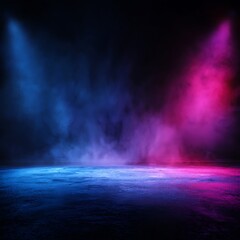 Fototapeta premium Abstract background with blue and pink neon lights smoke on dark floor for product display 3d render