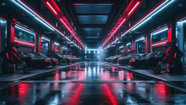 Futuristic car garage bathed in vibrant neon lights