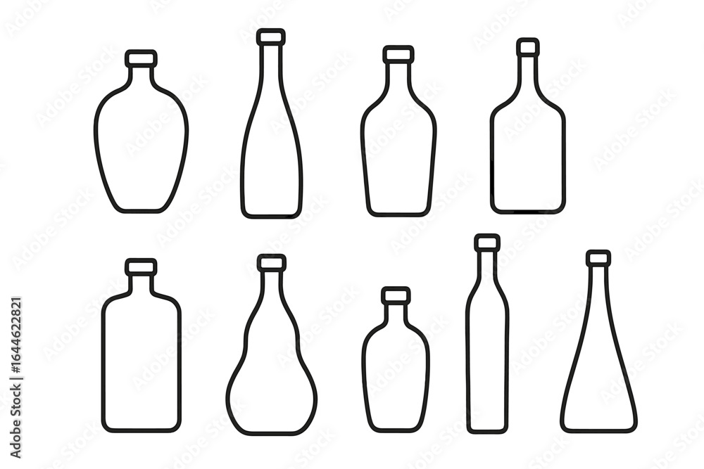 Poster bottle icon vector set. collection of various glass containers for drinks, alcohol, water, oil. simp