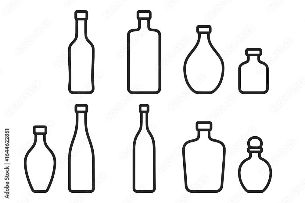 Poster bottle line icon set. vector collection of various glass container shapes and sizes. minimalist outl