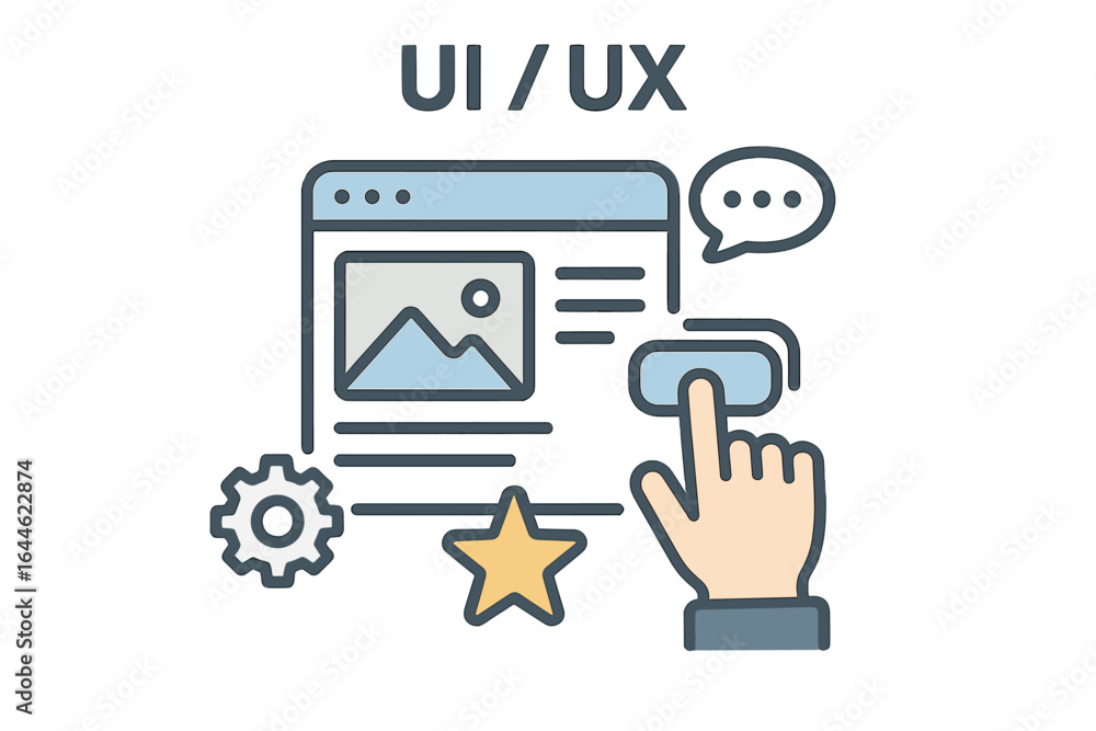 Poster ui ux design concept. user-friendly interface development. website page wireframe with hand clicking