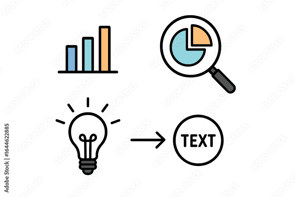 Poster data analysis and content creation icon set. business process from research to idea and text. infogr