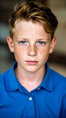 Fototapeta premium Close-up portrait of a serious pre-teen boy