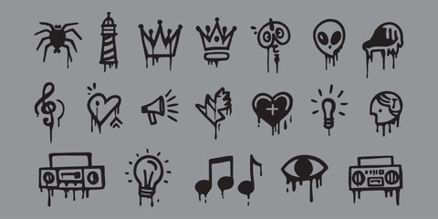 Fototapeta premium Black drip icons of spider lighthouse crowns key alien skull melting heart light bulb eye and