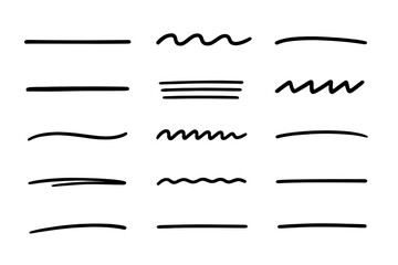 Hand drawn underline set. Vector doodle lines collection. Sketch brush strokes, wavy dividers, and marker highlights for text. Ink pen scribble shapes. Grunge border elements.