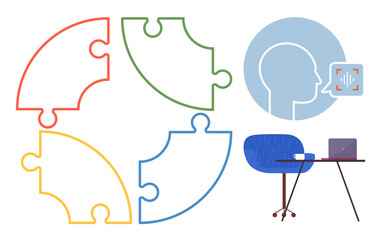 Color-coded puzzle pieces forming a circle, a head icon with voice interface, a laptop on a desk with a blue chair. Ideal for problem solving, teamwork, technology, communication, workspace