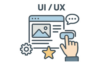 Fototapeta premium UI UX design concept. User-friendly interface development. Website page wireframe with hand clicking button. Mobile app usability and interaction experience vector illustration.