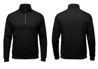 Black quarter zip pullover sweatshirt front and back views isolated on transparent background