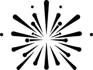 Abstract black and white design featuring radiating lines and scattered circles from a central point