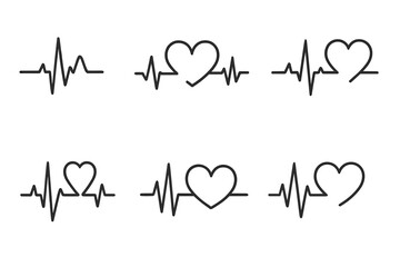 Heartbeat line vector collection. Heart shaped EKG and ECG patterns. Pulse rhythm symbols for health, love, and cardiology designs. Lifeline cardiogram vector illustration set.