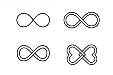 Fototapeta premium Infinity symbol vector icon set. Endless loop, infinite knot, eternal love heart shape. Abstract modern logo for branding. Simple black and white line illustration.