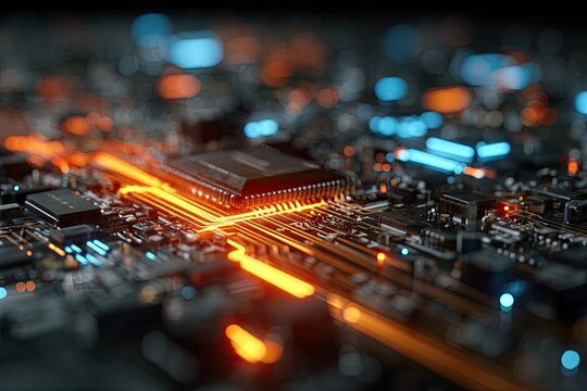 High-tech circuit board with glowing pathways