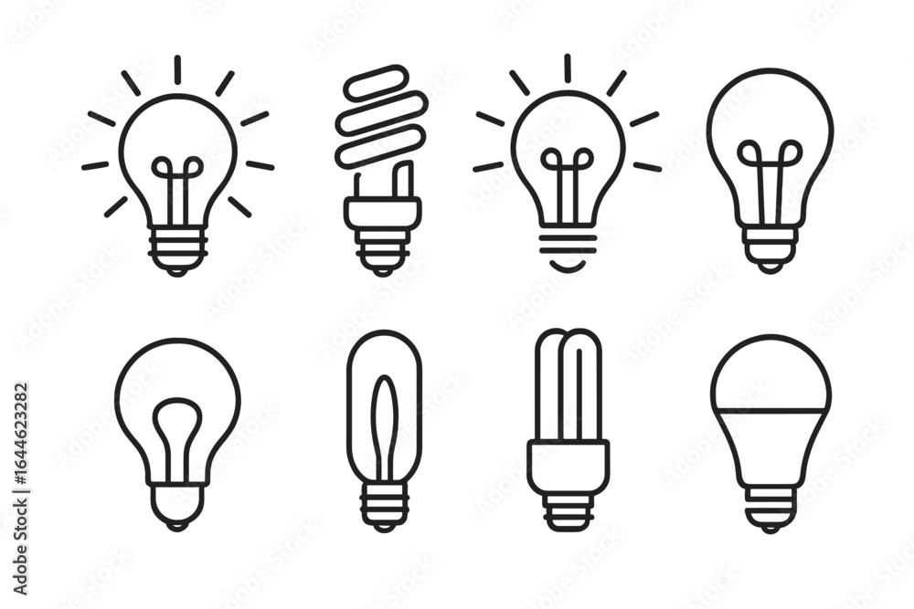 Poster set of lightbulb icons in a thin line art style. vector collection of various lamp types like incand