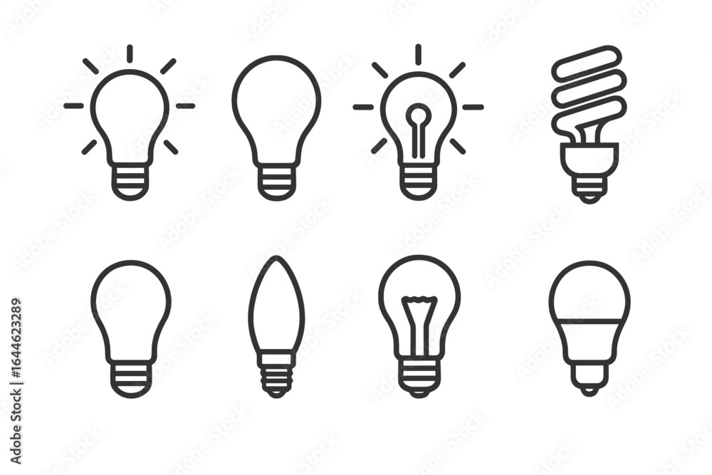 Poster lightbulb line icon set. various bulb styles for creativity and innovation concepts. vector collecti
