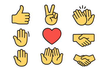 Hand gestures vector icon set. Thumbs up, like, peace sign, clapping hands, applause, waving, handshake, deal, heart, stop, and praying hands emoji collection for web.