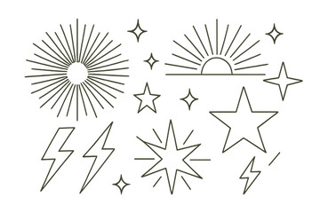 Retro Sunburst Vector Outline Set with Stars and Lightning Bolts, Vintage Line Art Designs for Logos, Branding, and Graphic Elements on Transparent Background