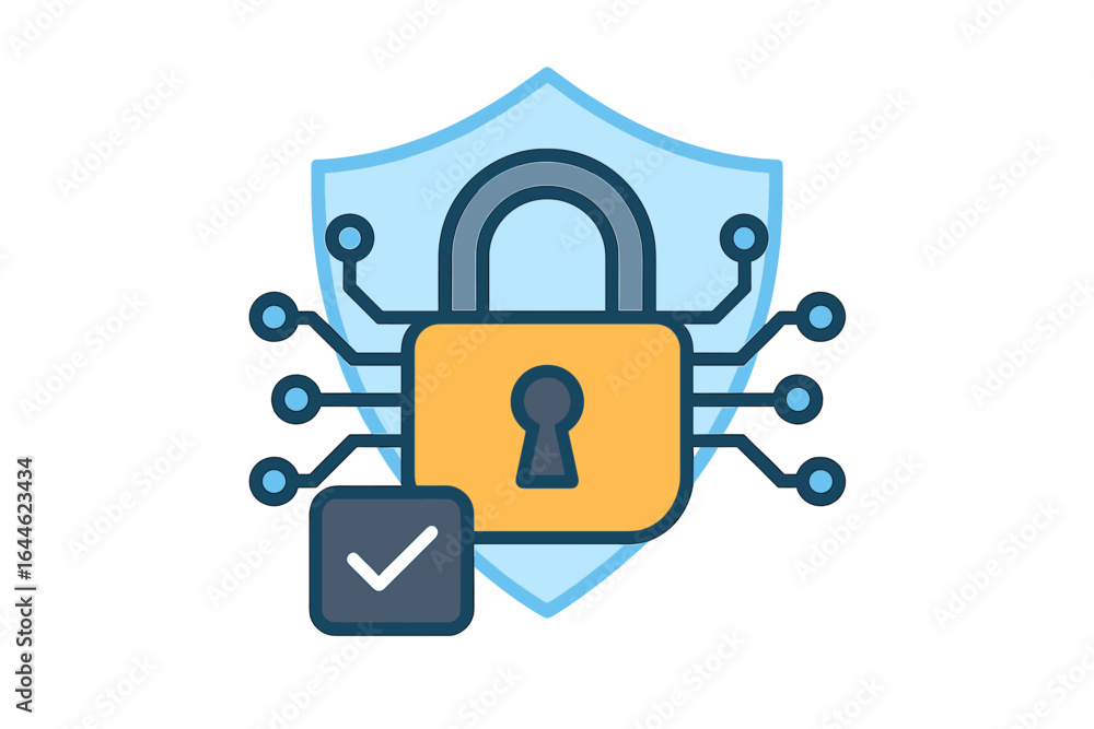 Poster cybersecurity concept with shield and lock. data protection, online privacy, and internet safety ico