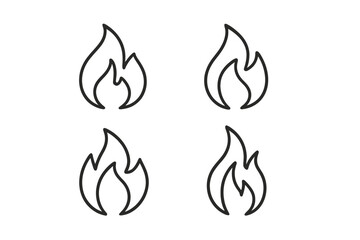 Flame icon set, minimalist fire outline design. Vector illustration. Simple bonfire symbol for web, app. Hot burn concept. Flammable, heat, energy pictogram.