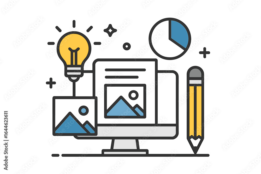 Poster creative process concept. graphic design project and content creation with idea lightbulb, data char