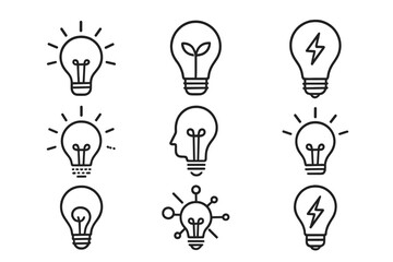 Light bulb icon set vector collection. Creative symbols for idea, innovation, brainstorming, solution. Line icons for electricity, mind, green energy, and inspiration.