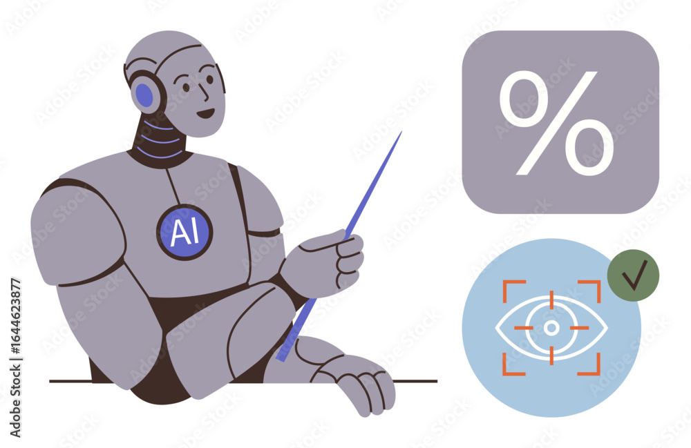 Poster ai robot with pointer explaining percentage and precision visuals, representing automation, machine 
