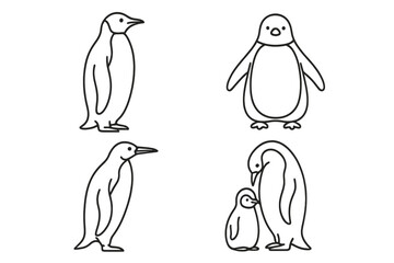 Obraz premium Penguin line art vector illustration set. Simple penguin outlines for winter designs, animal themes. Cute cartoon arctic wildlife bird family with parent and baby chick.