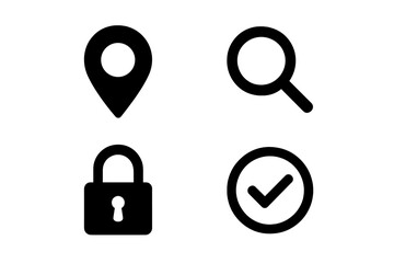 Vector Set for Web and Apps with Location Pin, Search Magnifier, Security Lock, and Approval Checkmark Icons on Transparent Background, Perfect for UI Design and Digital Projects