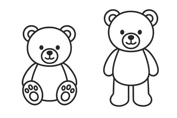 Cute teddy bear outline set for coloring book page. Simple sitting and standing toy bear line art. Minimalist vector illustration for kids crafts and educational projects.