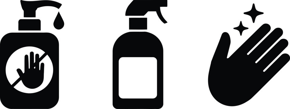 Collection of hand sanitizer and hygiene related icons presented in a clean silhouette style